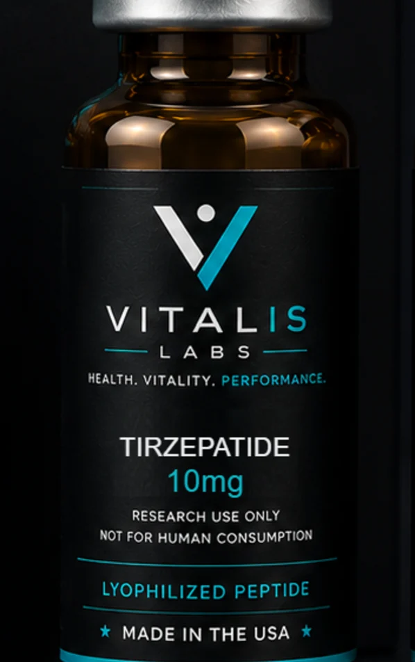 Vitalis Labs vial labelled TIRZEPATIDE, 10 mg.